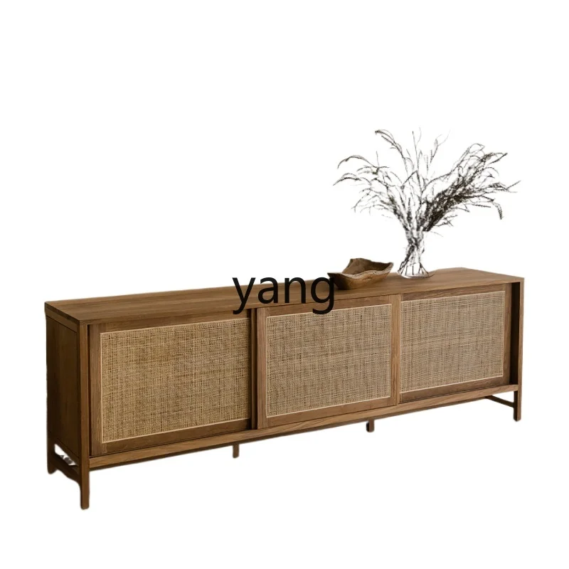 LH modern wabi-sabi wind log TV cabinet home living room black walnut rattan long cabinet