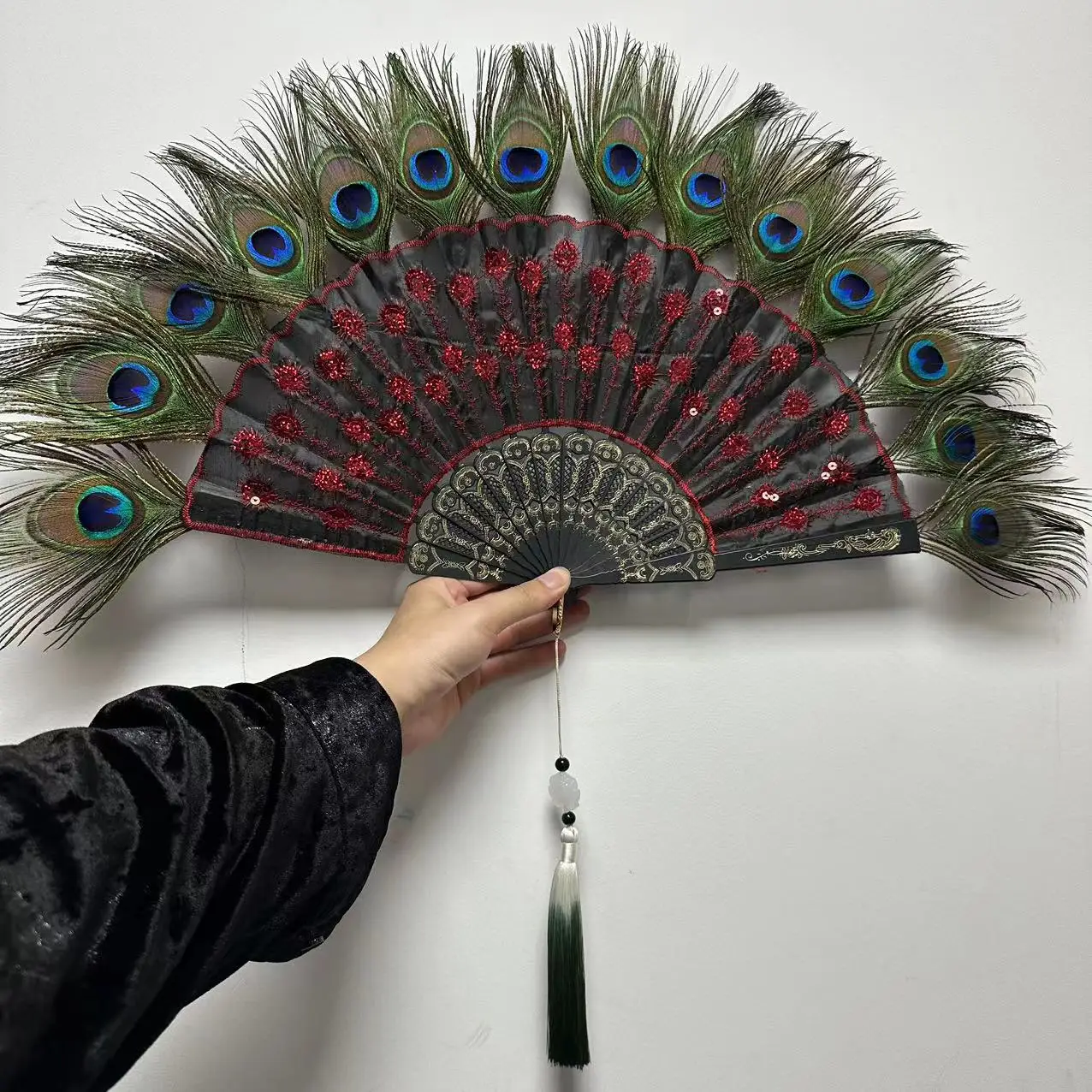 Embroidery Sequin Peacock Feather Folding Fan Lolita Dance Hand Fan with Pendant Gifts Wedding Party Decoration