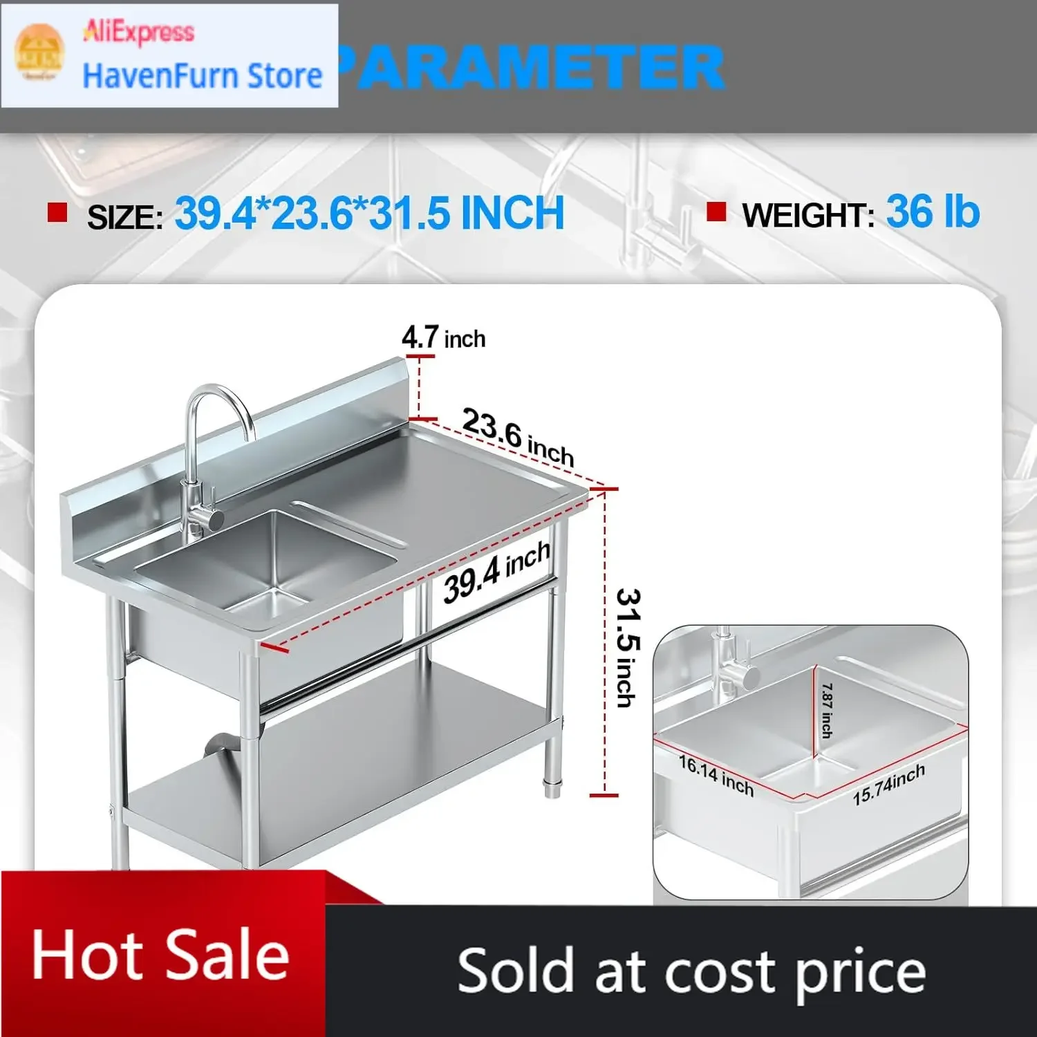 

Activity priceFreestanding Single Bowl Laundry Sink With Hot Cold Water Plumbing Workbench Storage Stainless Steel For Kitchen B