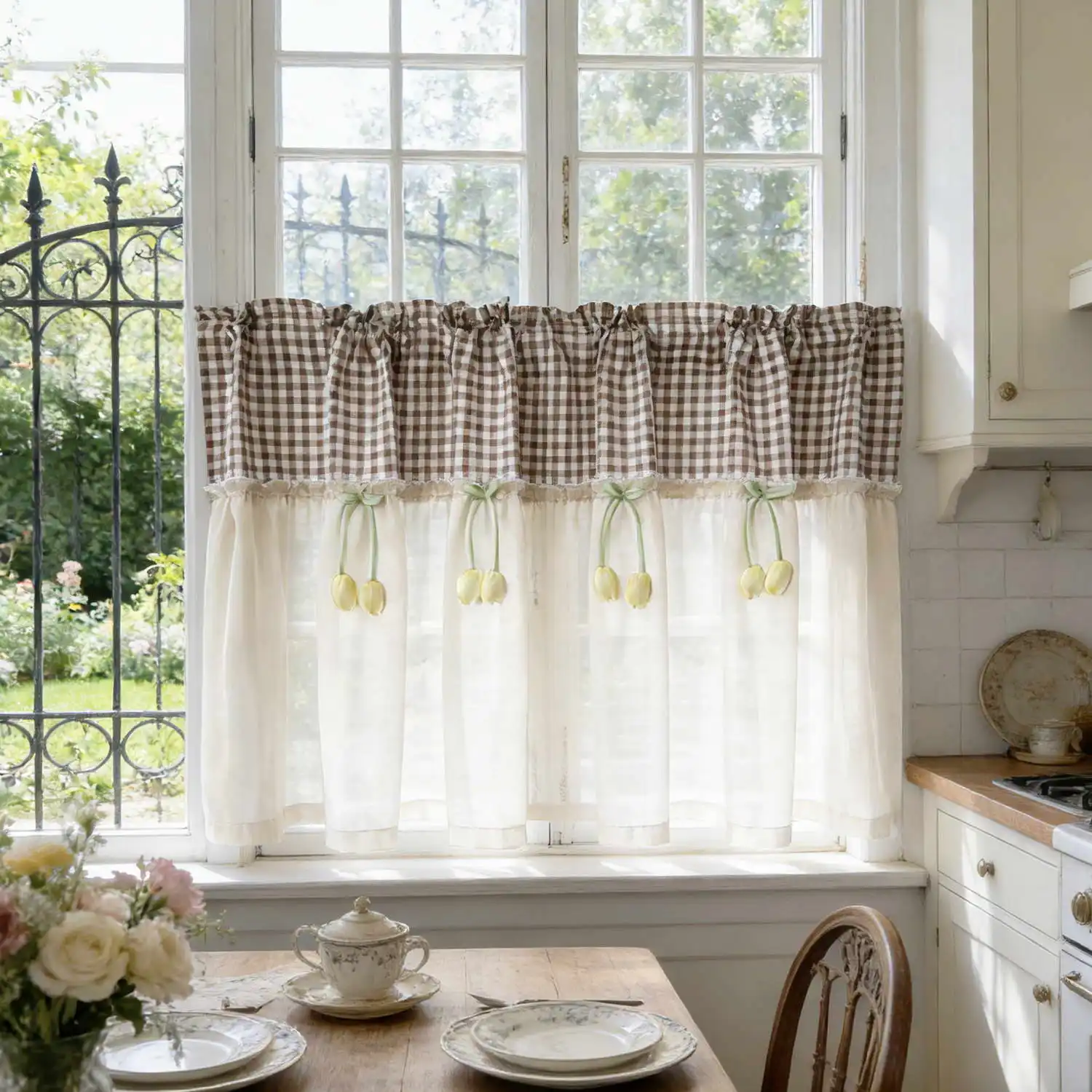 Rustic Country Plaid Farmhouse Curtain with Tulip Decor, for Windows, Kitchen Light Filtering Curtain, Vintage Cafe Window Decor