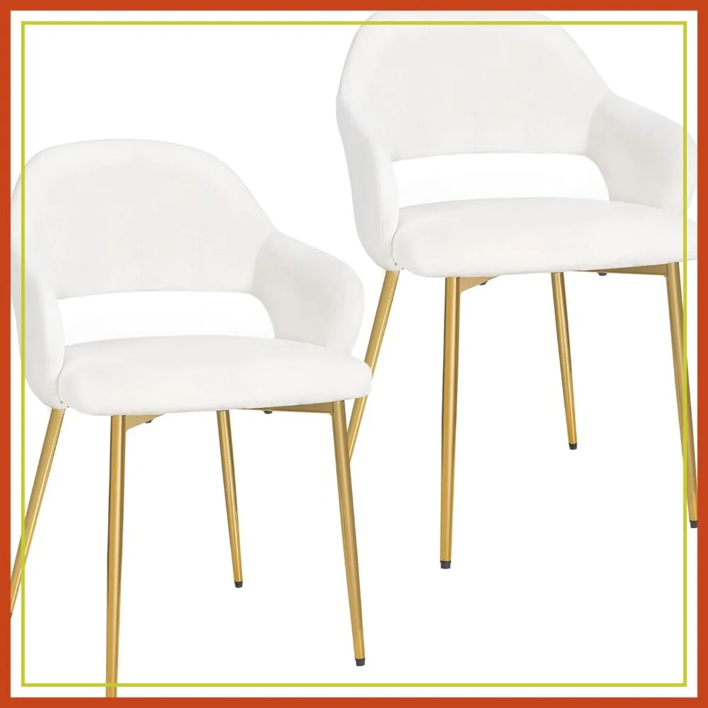 

Velvet Dining Chairs Set of 2, Modern Upholstered Kitchen Chairs with Cushion, Padded Backrest and Metal Legs, White