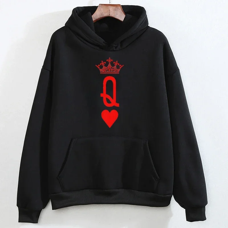 Matching Hoodie Red Heart Crown King Queen Print Hoody Loose Sweater Graphic Matching Outfits for Couples Long Sleeve Casual Top