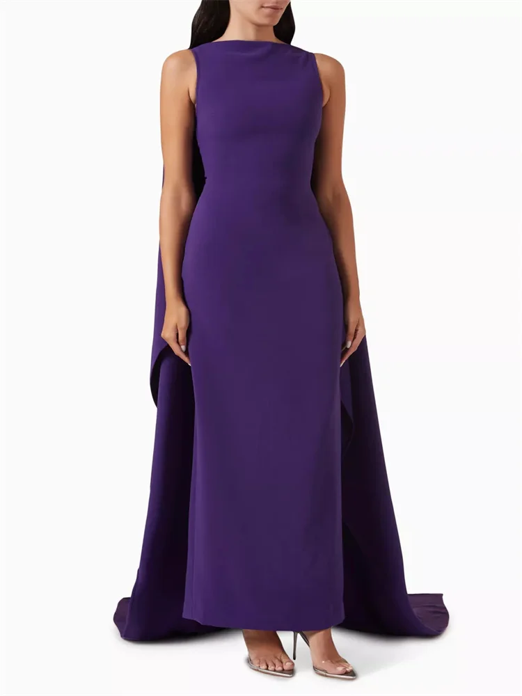 New Arrival Round Neckline Sleeveless Crepe Evening Dress Elegant Back Zipper With Cape Floor Length Sweep Train Gown For Women