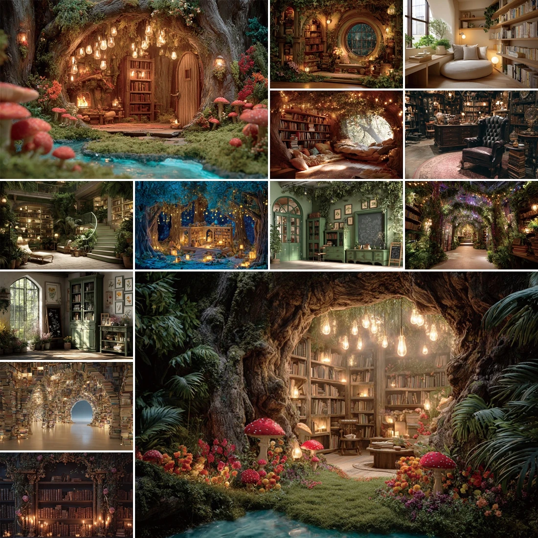 

MOON.QG Enchanting Library Photography Background Greenery Mushroom Armchair Backdrop Accessories Studio Photo Party Decorations