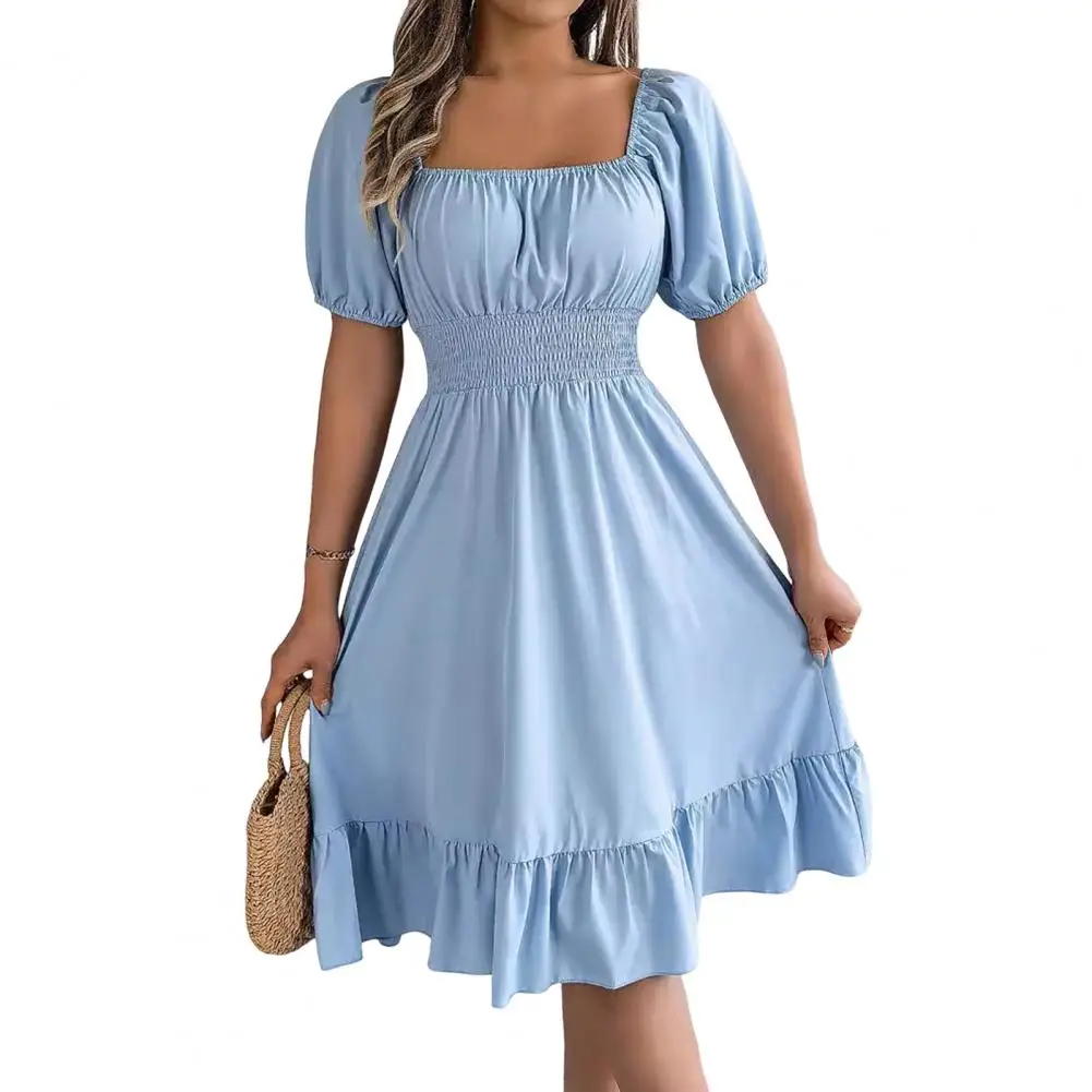 Women's MIidi Dresses 2024 Summer Casual Square Neck Short Sleeved Waist Ruffle Edge Dress Dress Women Elegant Платья Женские