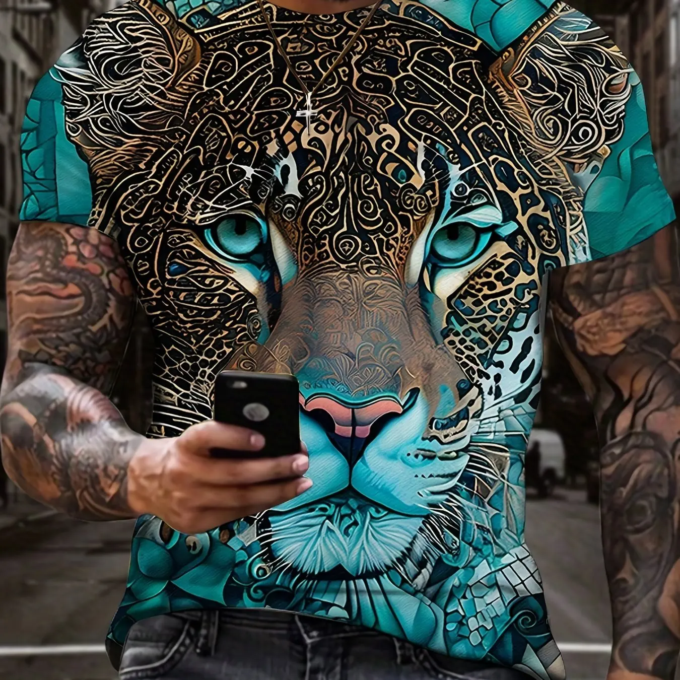 Summer men's 3D lion and tiger pattern T-shirt,casual micro elastic breathable T-shirt,suitable for outdoor jogging wear