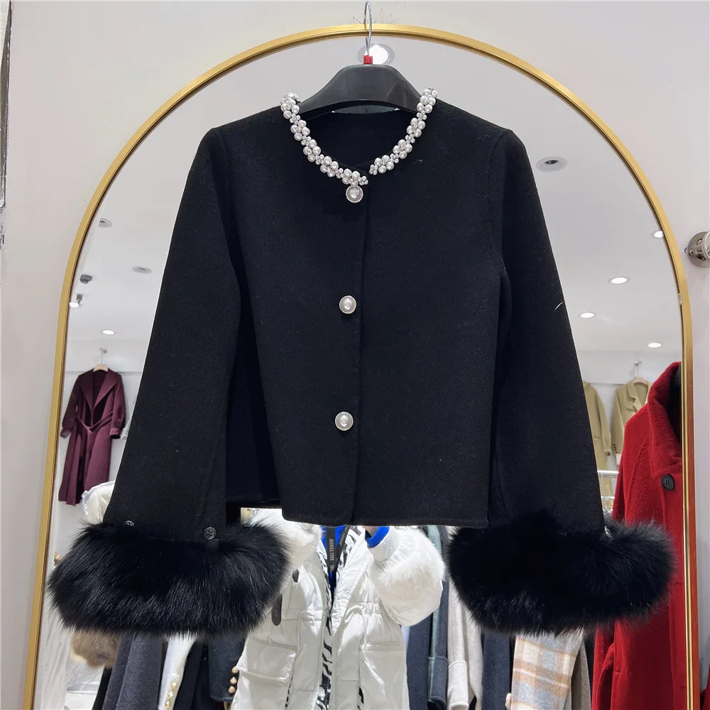 

Women's Elegant Fox Fur Cuffs Diamond O Neck Wool Jacket Lady Autum Winter Streetwear Single Breasted Loose Wool Outwear Top