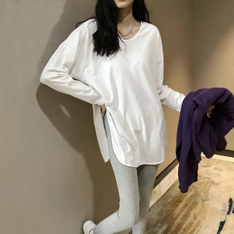 Temperamento em forma de u colarinho algodão camiseta fenda hem manga comprida comprimento médio topo feminino primavera outono solto sólido básico t