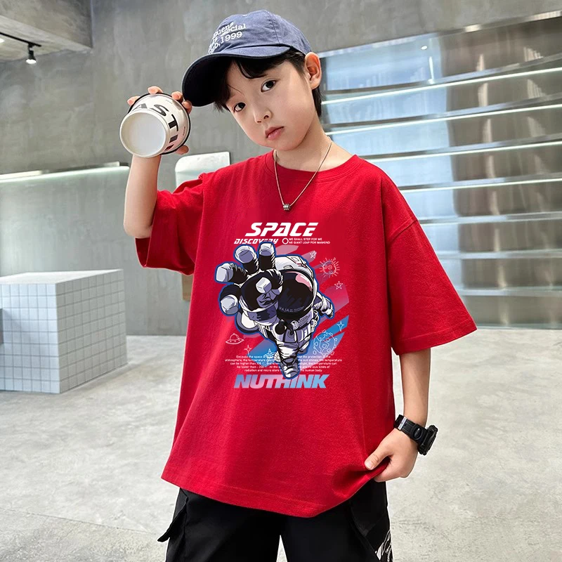 

Kids Clothing 100% Cotton Girls Boys T-shirts Breathable Sports T Shirts Cartoon Astronaut Printed Red Purple Tees New 2025