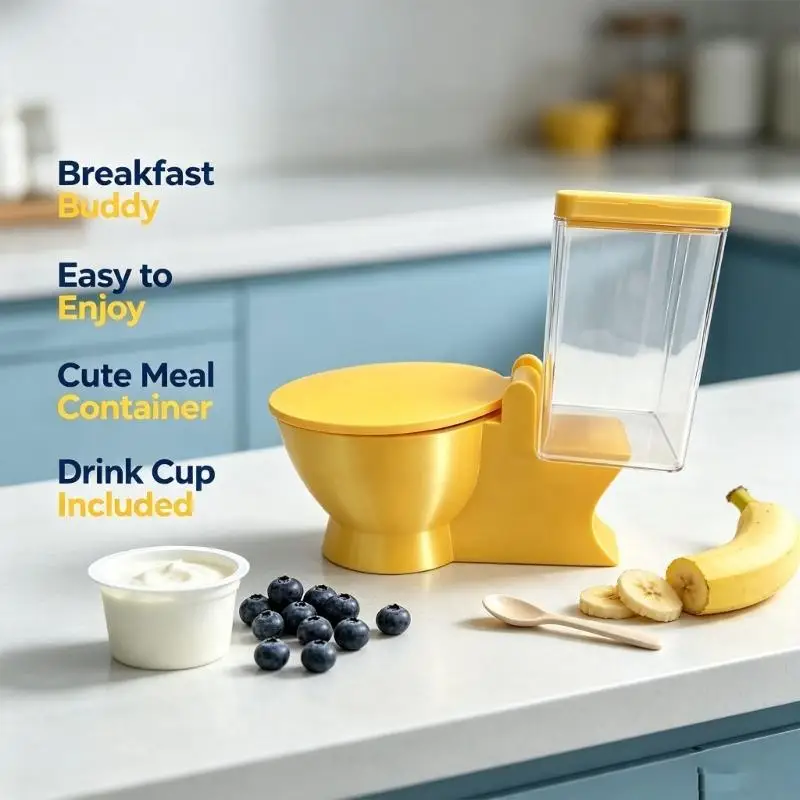 Ramen Bowl Set with Side Straw Cup and Hinged Lid, Toilet Soup Bowl in a Gold Look for Dorm Dinners, Desk Meals, and Shared Use