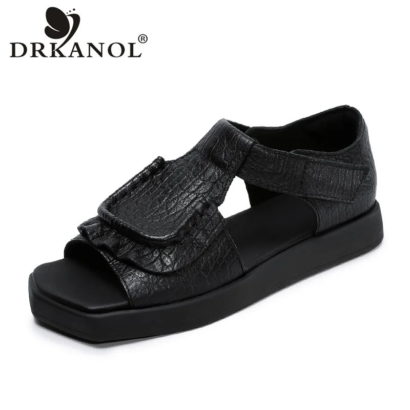 

DRKANOL 2026 Women Flat Sandals Genuine Cow Leather Open Toe Summer Outside Soft Casual Roman Sandals Retro Style Low Heel Shoes