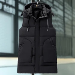 Fashion Winter Sleeveless Parkas Man Long Vest Hooded Plus Size Casual Thick Warm Outerwear Men Jackets