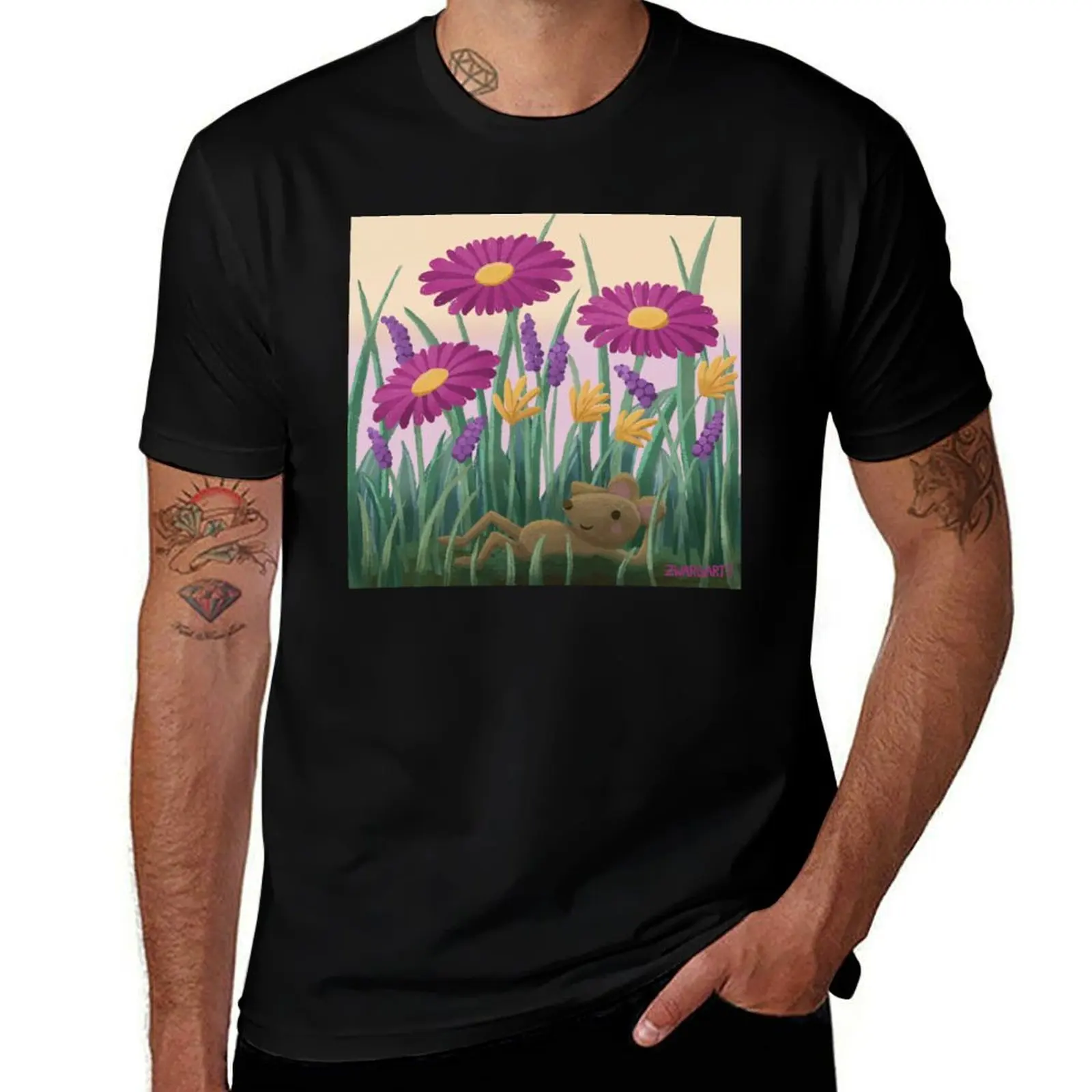 

mouse among flowers T-Shirt summer 2025 custom t shirt sports fans vintage t shirts fitted t shirts for men
