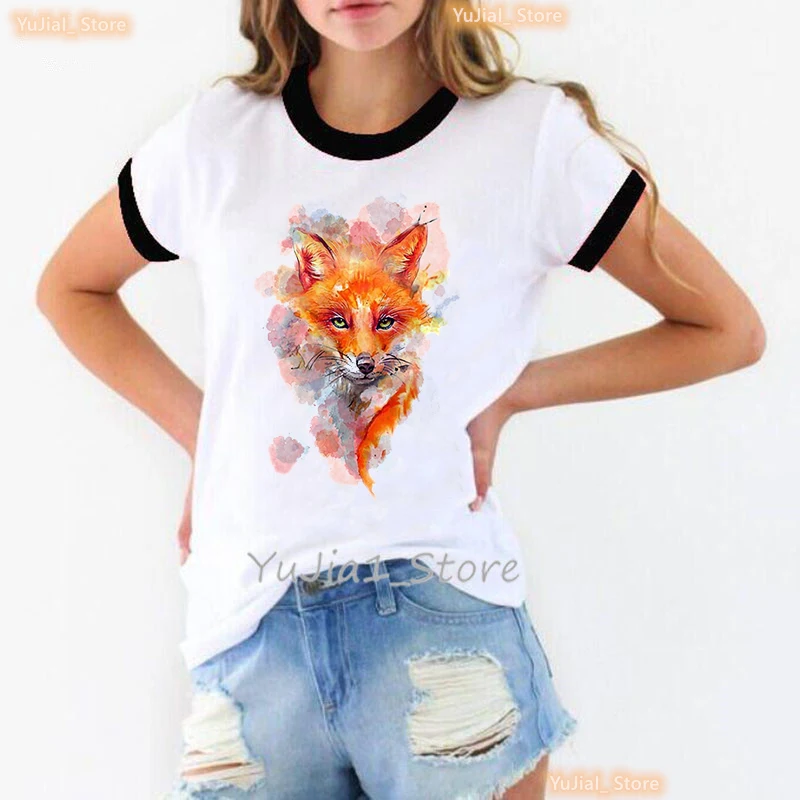 Cute Fox With Forest Watercolour Design Print T Shirt Girls Summer Fashion Tops Tee Shirt Femme Harajuku Kawaii Clothes T-Shirt