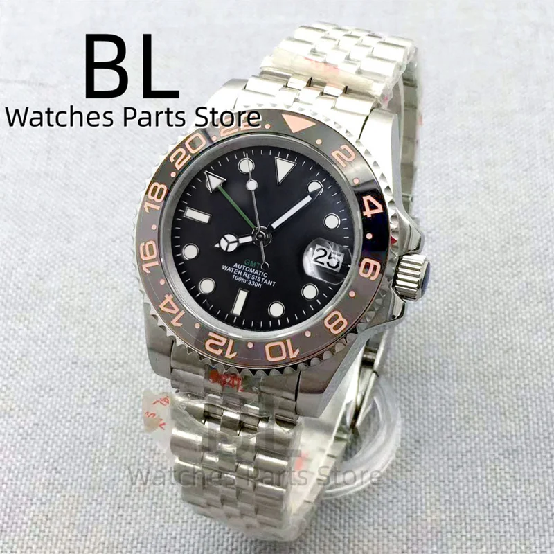 BLIGER 40 mm NH34 GMT-Uhr für Herren mit schwarz-grauer Keramiklünette, Saphirglas, grüne GMT-Zeiger, grüner GMT-Text, Jubilee-Armband 8