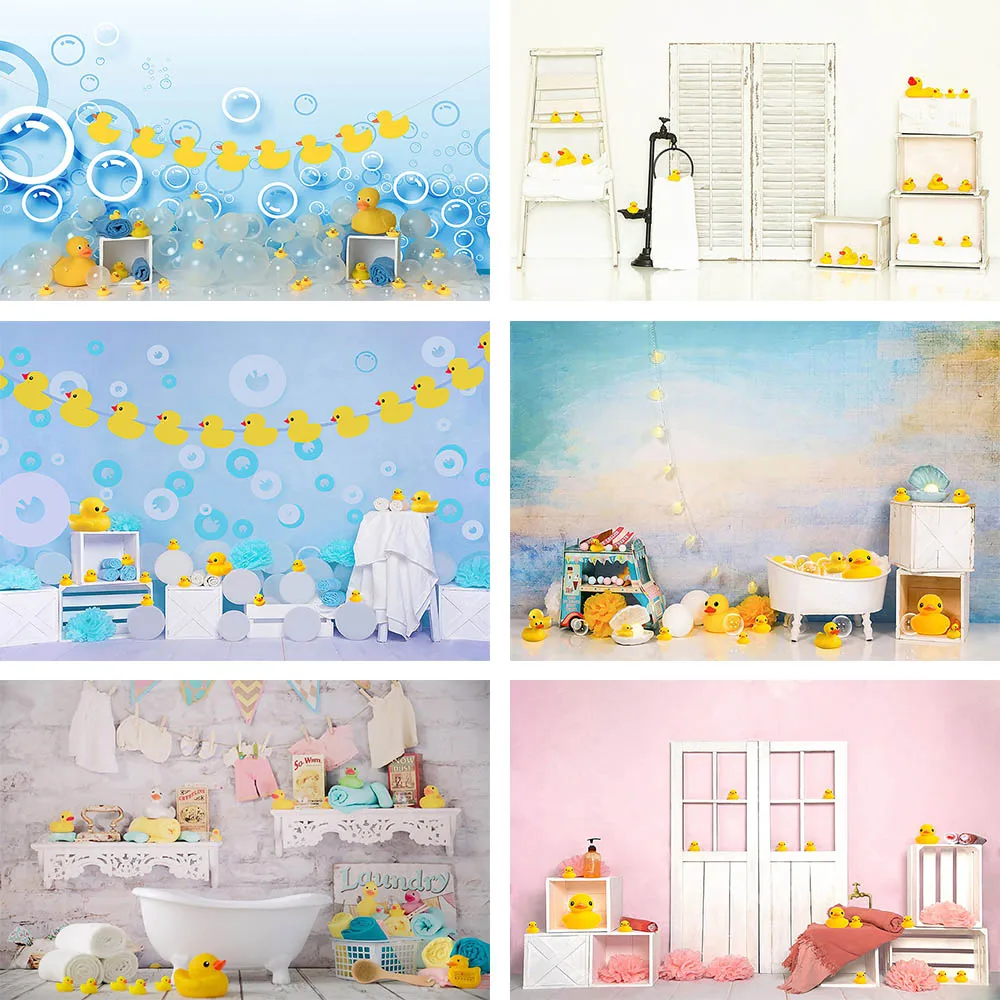 Mehofond Child Birthday Photography Background Little Yellow Duck Toy Bubbles Bathroom Wood Door Decor Baby Shower Backdrop Prop