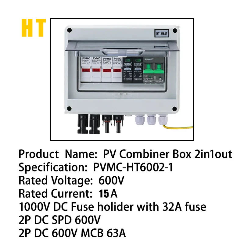 2 in 1 uit DC 600V zonne-fotovoltaïsche PV-combinatiebox met bliksembeveiliging 32A zekering MCB SPD waterdicht IP65 distributie