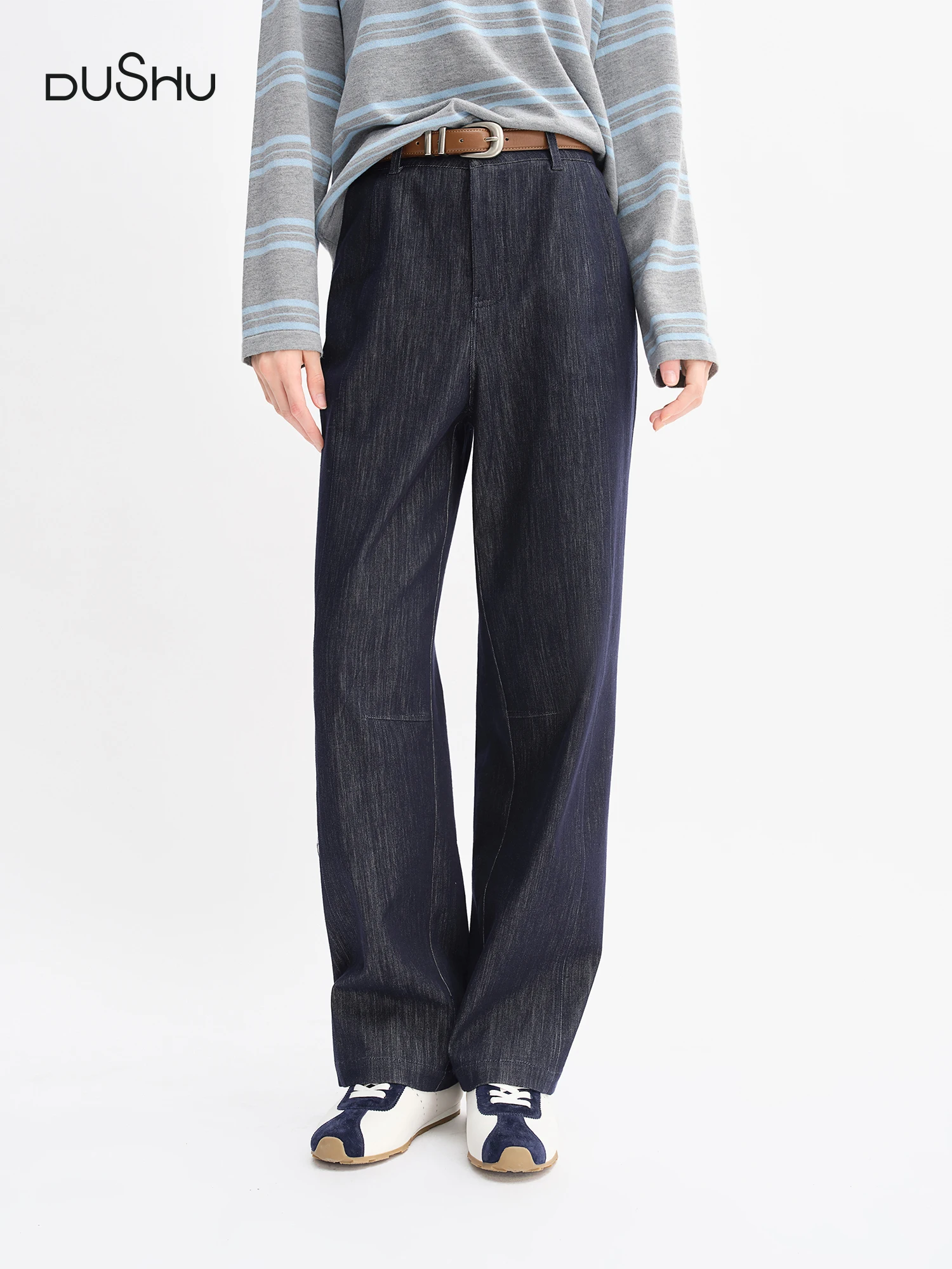 DUSHU Autumn 2025 Women's Vintage Wide Leg Jeans - Curve Flattering High Waist Stretch Denim Pants Arc Hem Casual Comfort Fit