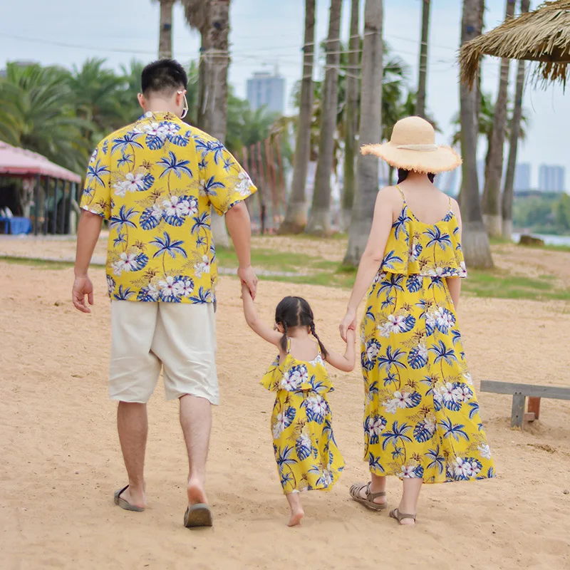 2026 Summer Family Matching Outfits Tropical Pineapple Print Dress & Shirt Set for Mom Dad Kids Beach Vacation Photoshoot