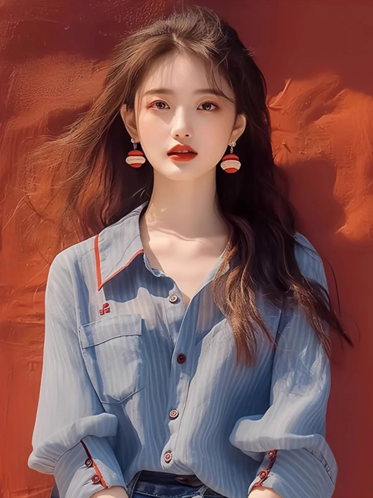 Niebieska koszula damska w paski z kołnierzykiem, elegancka, unikalna, w stylu koreańskim, długa, luźna, z włókna poliestrowego, z ochroną UV, kolekcja wiosna 2025.