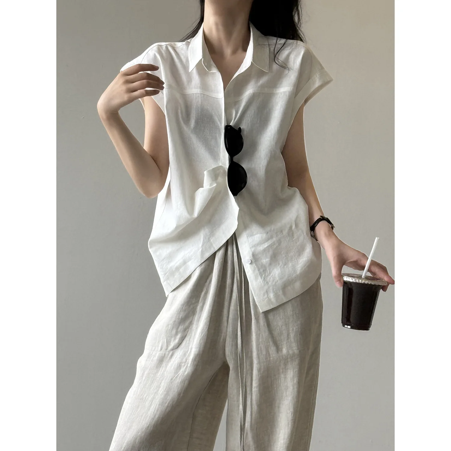 

Summer women's pure linen flying sleeve lapel shirt loose and thin top