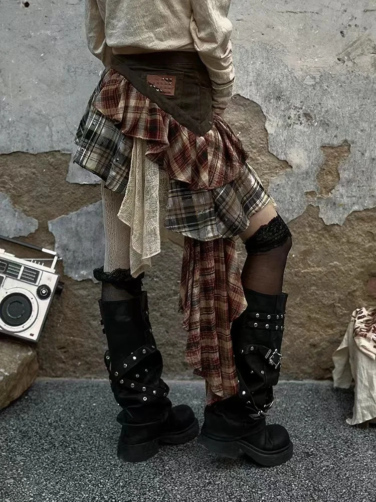 Women's Maillard Grid Splicing Skirt Y2K Irregular Stacked Japanese Harajuku Street Fashion Academy Retro Mini A-line Skirt