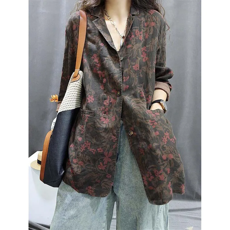 

Retro-printed High-end Cotton Linen Cropped Sleeve Suit Women's Summer Thin Western-style Casual Sun Protection Suit Linen Top