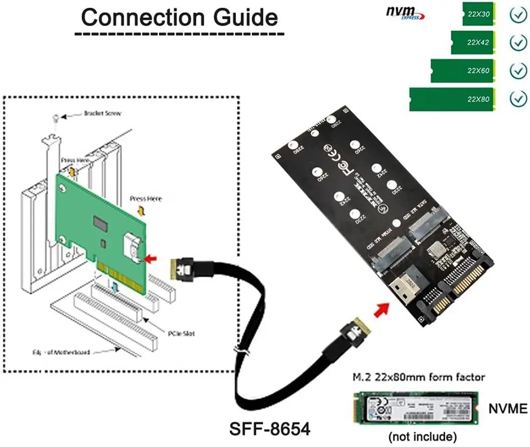 JoniSerl M.2 NVME to SFF-8654 ＆ NGFF SSD to SATA 2 in 1 Combo Adapter for Mainboard (Not Work NVME SSD to SATA)