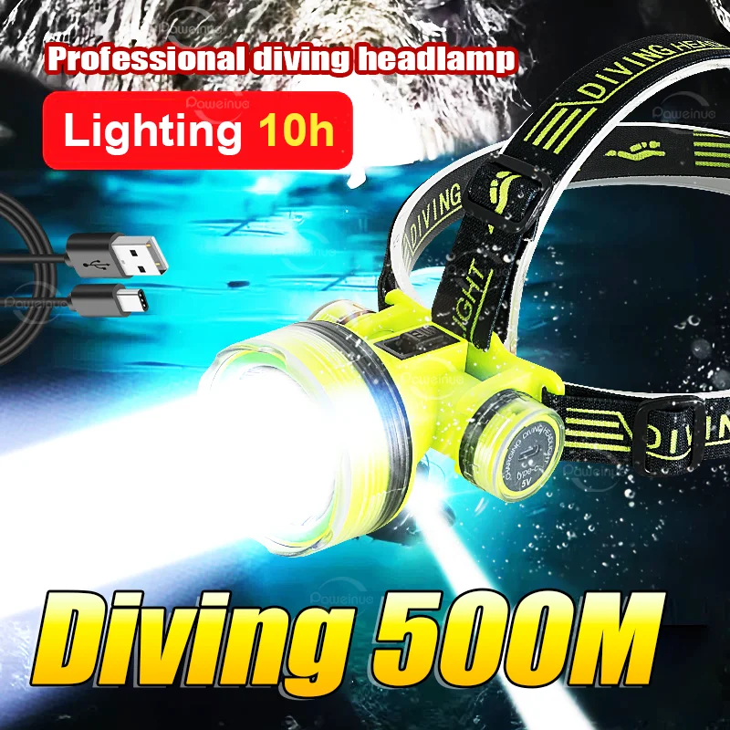 New Rechargeable LED Diving Headlamp Strong Light Professional Diving 500M Head Flashlight Scuba Diving Headlight Fishing Torch