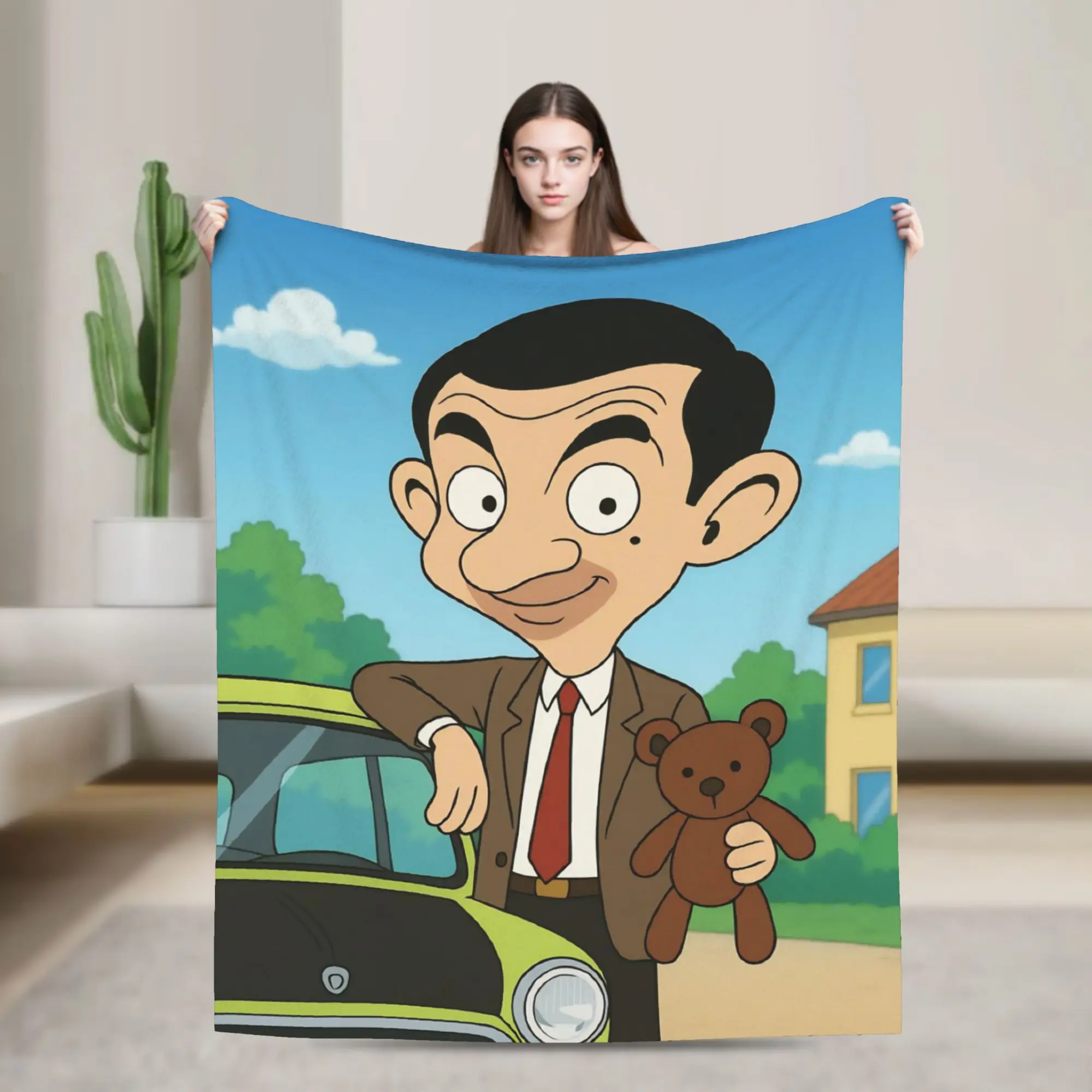 Mr. Beans  and Teddy Bear  Cartoon   Coral Fleece Plush Throw Blankets  Blanket for Home Couch Ultra-Soft Plush Thin Quilt,
