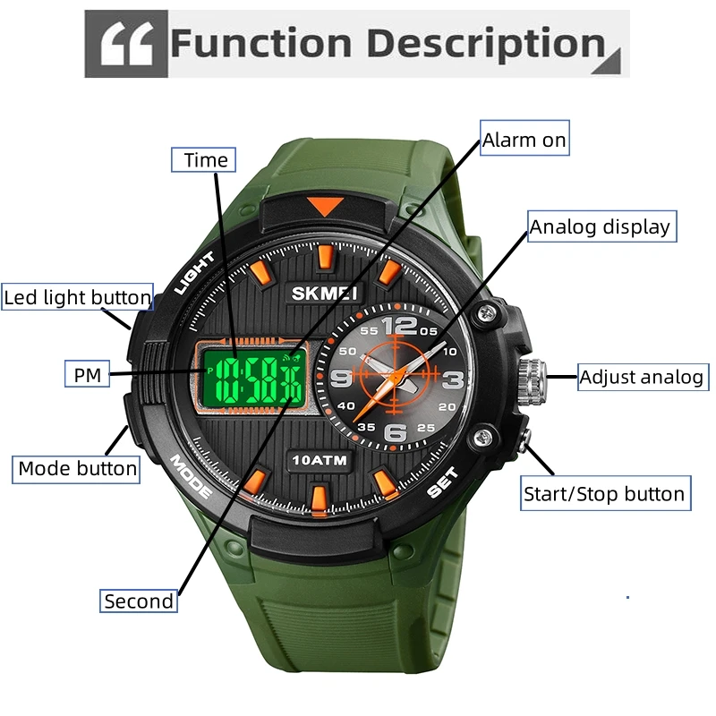 Skmei 100m Waterproof Men\'s Sport\'s Watch 3 Time Led Chronograph Digital Military Wirstwatch Relogio Masculino