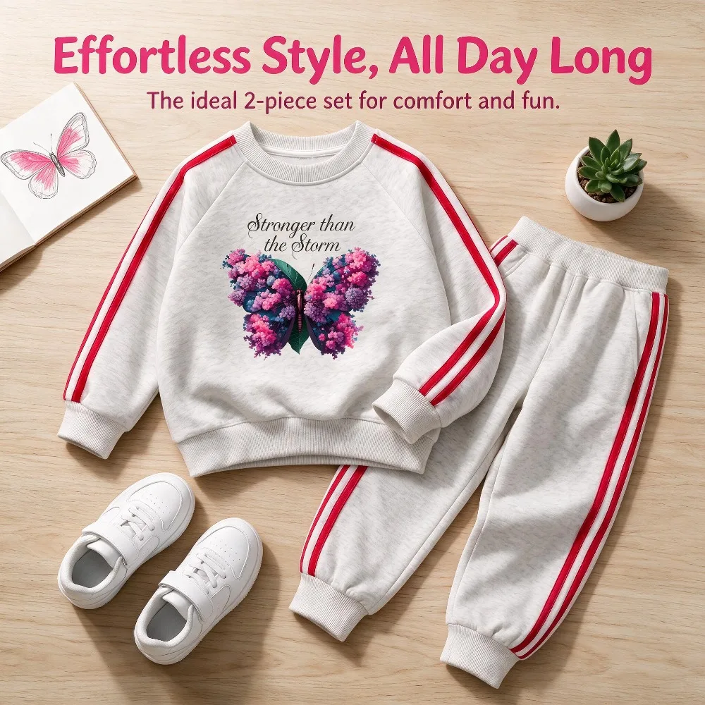 2026 Butterfly Printed Girls Fashion Sweatshirts Sets Autumn Winter Children's O Neck Hoodies Long Pant Two Piece Suit Tracksuit