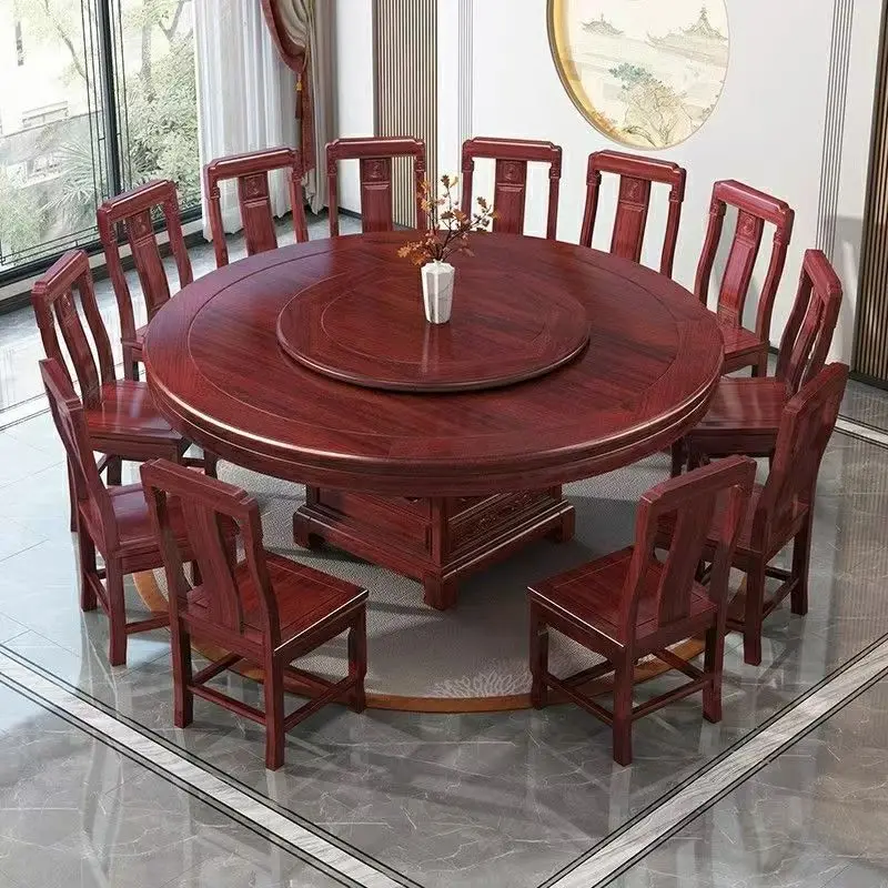 &c Chinese-Style Solid Wood Dining Table Set 6-12 Seater Lazy Susan Carved Pedestal Extendable Dinning Room Furniture for Home