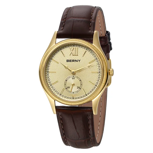 Imagen 2 del producto Relojes BERNY de lujo para hombre, vestido elegante clásico ultrafino, reloj de cuarzo dorado para hombre, correa de cuero, reloj de pulsera de negocios a la moda