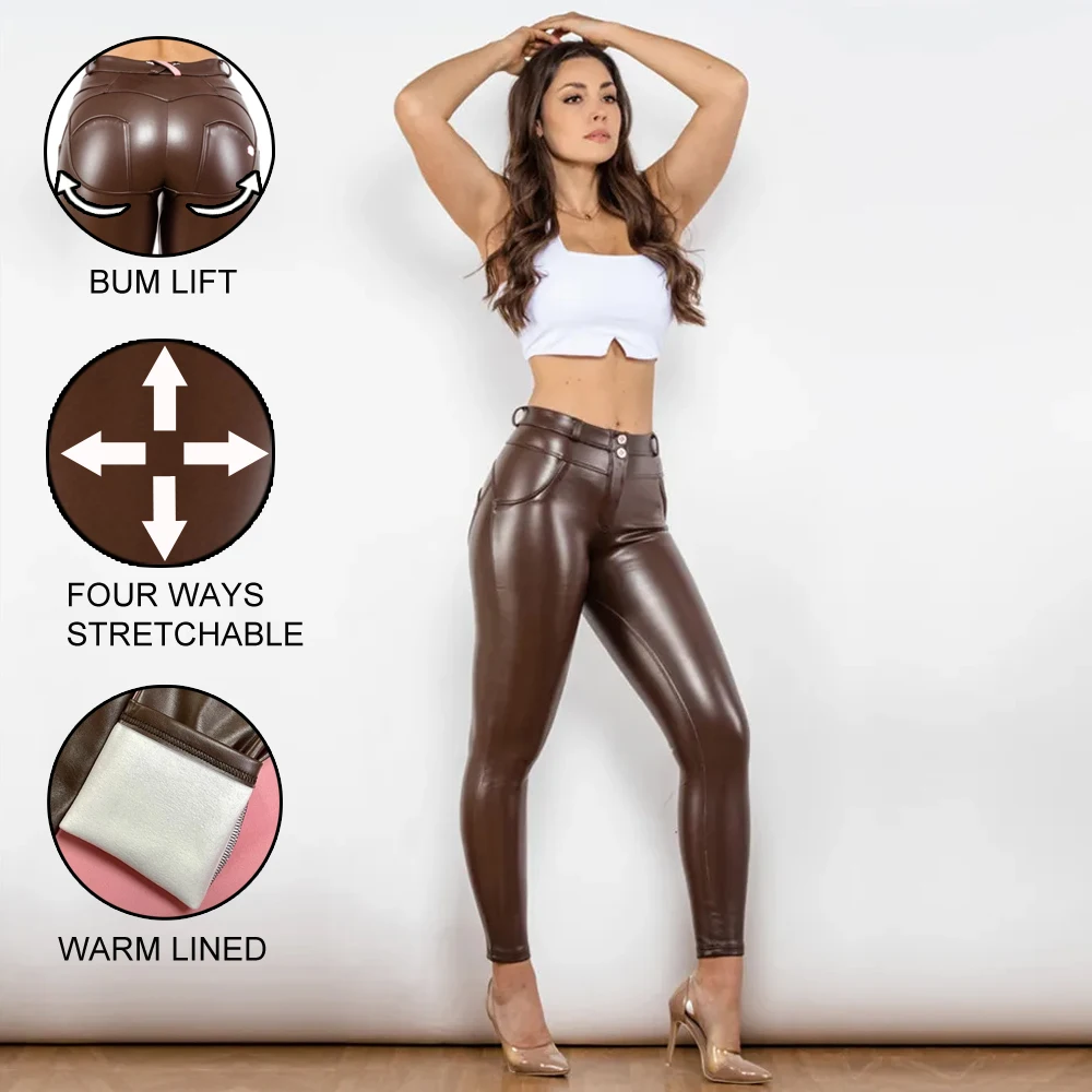 

Shascullfites Brown Faux Leather Womens Party Club Push Up Stretchy Slim Pencil Trousers Vintage Leisure Pants Streetwear