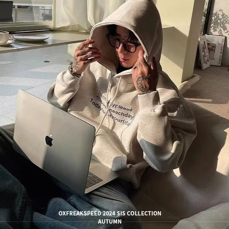 2025年秋 ハイストリート レタープリント コットン パーカー メンズ カジュアル Y2K ヴィンテージ フード付き スウェットシャツ ポケット プルオーバー パーカー