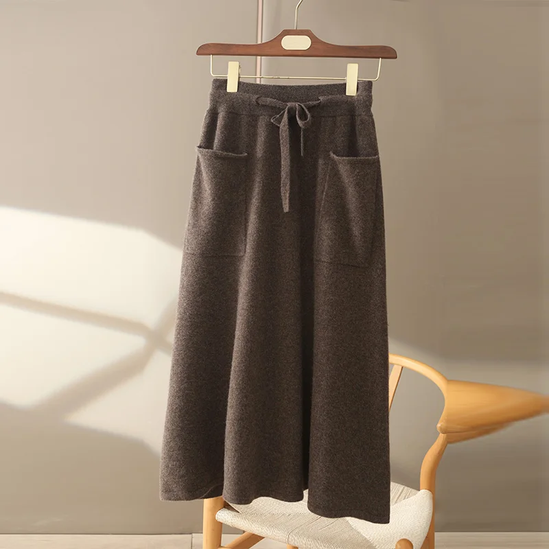 Autumn And Winter100% Pure Wool Skirt Women\'s Long Pocket Small A Skirt High Waist Slim Cashmere Knit A-Line Skirt