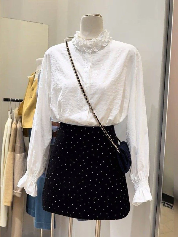 Elegant Lace Trim Stand Collar Long Sleeve High Waist Midi Skirt Two Piece Set Women's Fashion Spring 2026 White Shirt Skirt Set