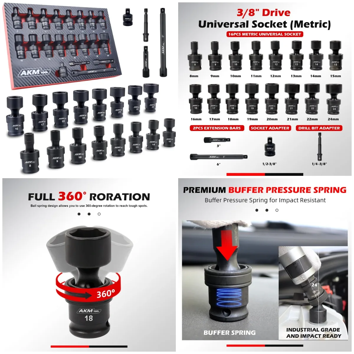 

3/8' Drive 20-Piece Universal Socket Set, 6-Point Metric, 8-22mm, Cr-Mo, with Extension & Adapters