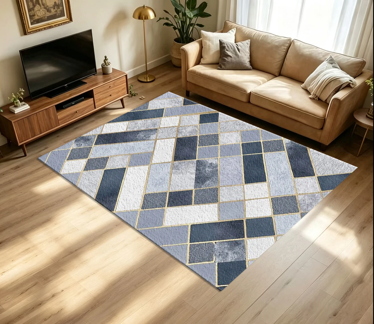 Modern Marble Gold Line Rhombus Mosaic Carpet Flooring Luxury Blue Grey White Geometric Tile Pattern Printed Floor Rug for Household Room Home Decor