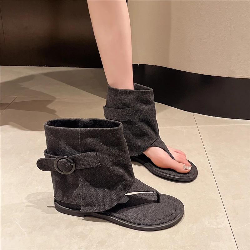 Belt Buckle Summer Open Sandals 2024 New Casual Shallow Cover Heel Flat Short Boots khaki Fashion Women Roman Sandals