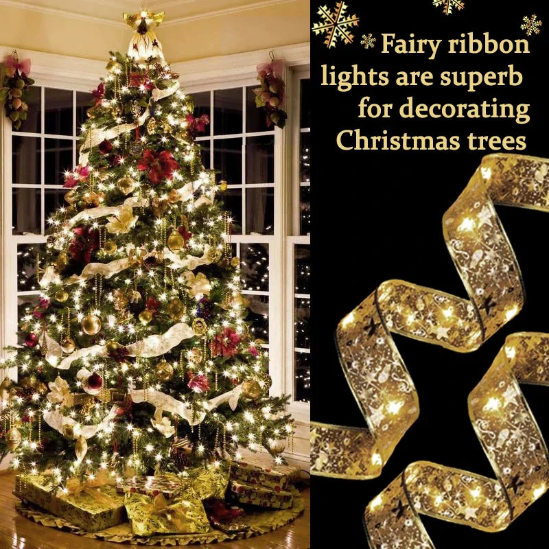 Christmas Ribbon String Lights Shiny Wave Design DIY Bowknot LED Lights Decor Christmas Tree New Year Wedding AA Battery Powered