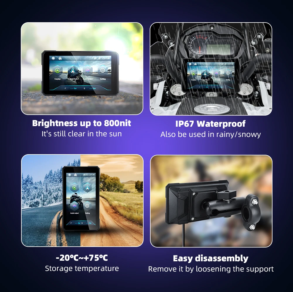 KEBIDUMEI 5 inch Rotational Motorcycle Wireless CarPlay Android Auto Display Screen HD GPS Navigation Monitor Waterproof