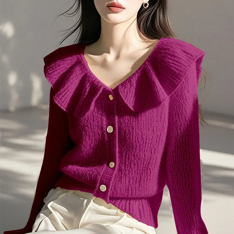 

Свитер с вырезом в виде листьев лотоса, французский свитер, женский пуловер с длинным рукавом, однотонный топ