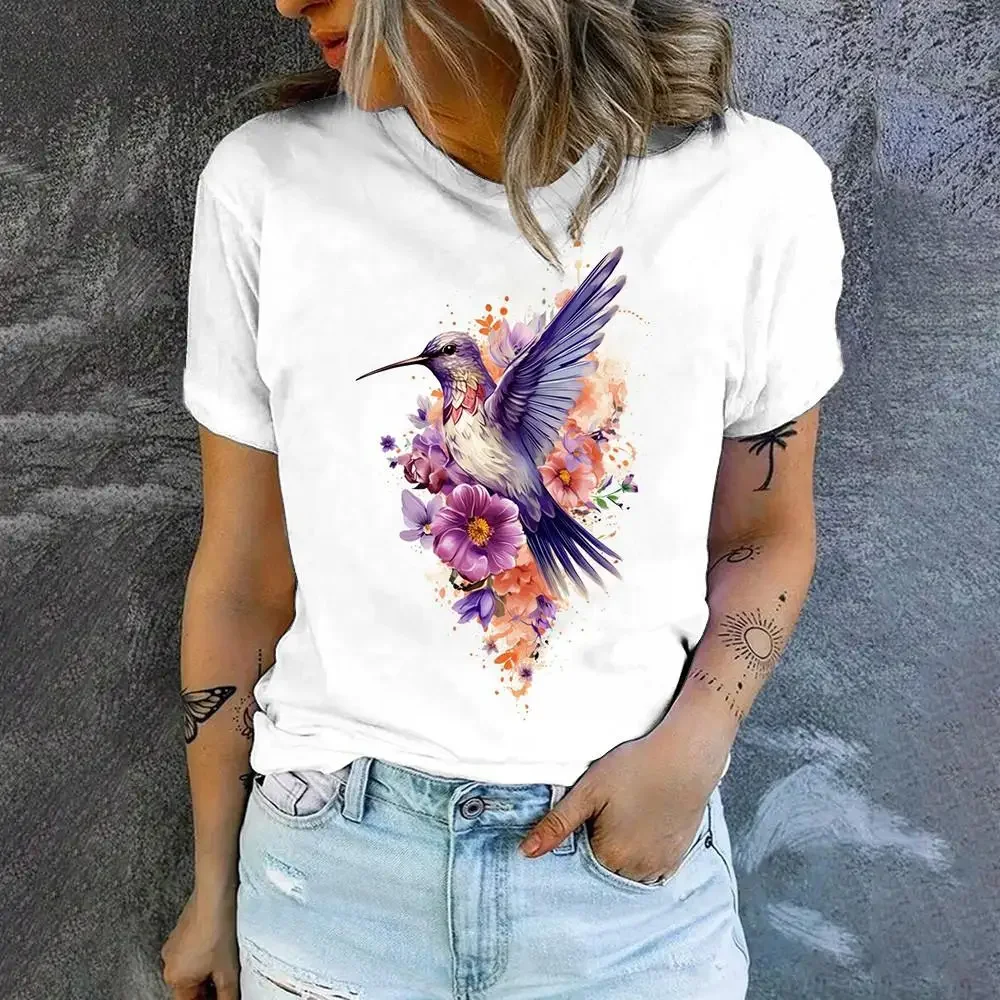 Summer Women's T Shirt bird Print Casual Short Sleeve 3d T-Shirt Fashion Streetwear Crew Neck Pullover Female Oversized Clothing