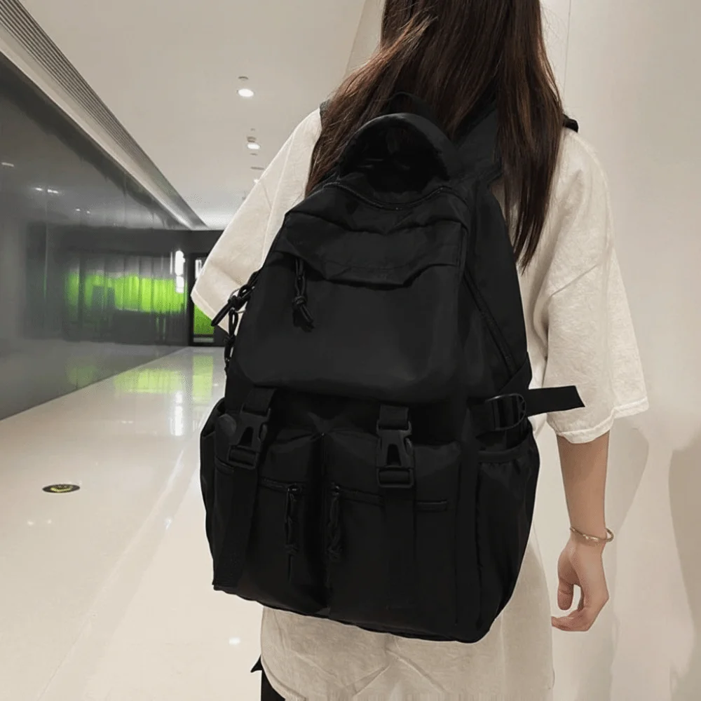 Simple Large Capacity Canvas Backpack Solid Color Harajuku Students School Bag Japanese Style Nylon Shoulders Bag Women/Men