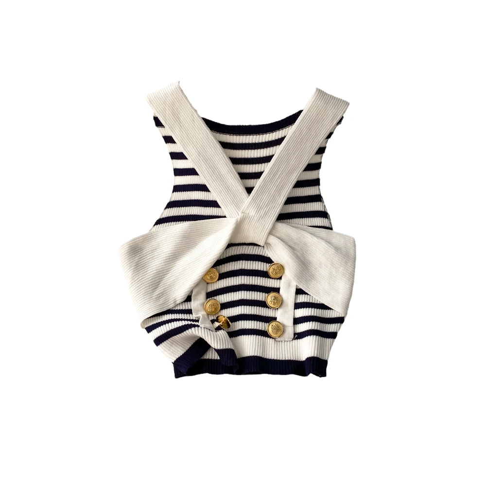 Summer French Striped Suspenders Tank For Women\'s Outerwear Top Sexy Fashion Gold Button Backless Sleeveless Slim Short Vest