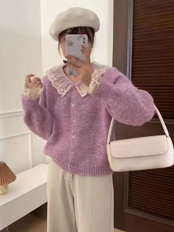 Pull tricoté jaune avec bordure en dentelle pour femme, manteau ample, amincissant, doux et chaud, Cardigan ouvert, automne hiver