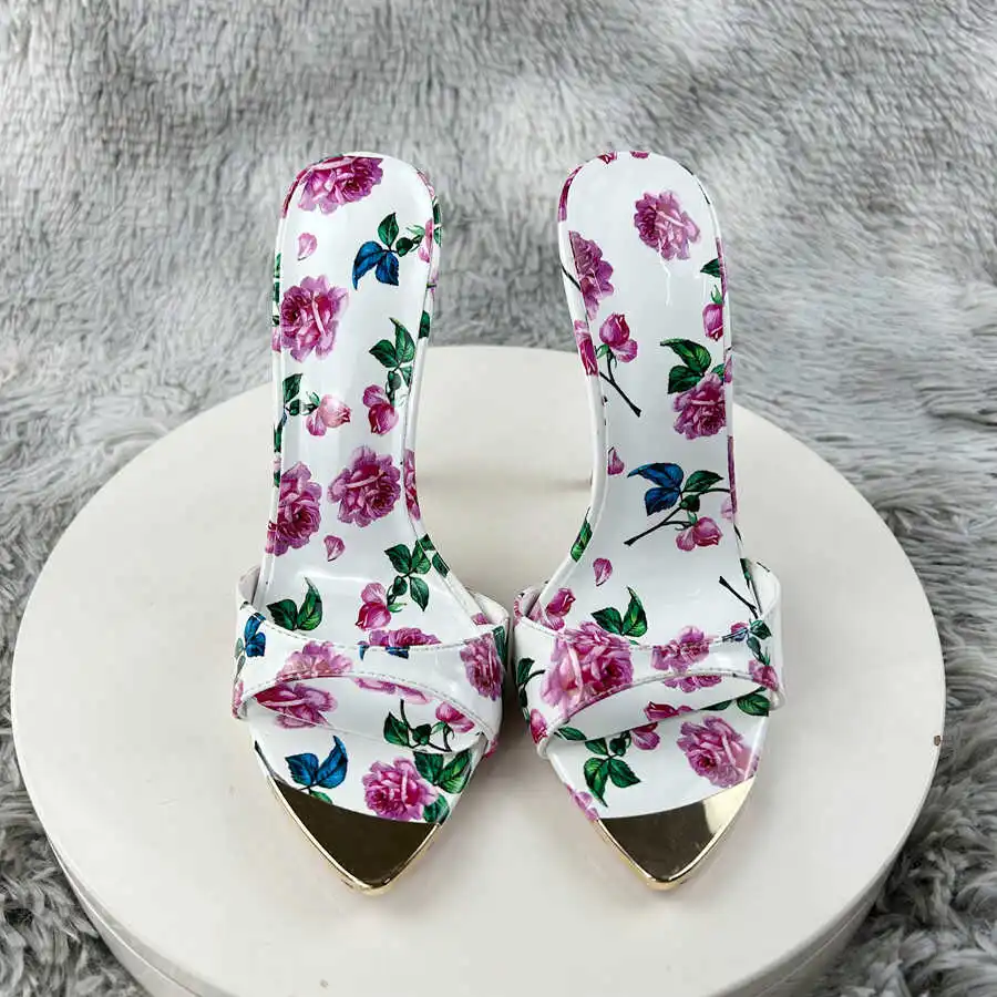 Summer sandalias de mujer 12cm Women\'s Sexy Flower Printed Slipper High Heels Sandal Pointed Toe OL Ladies Vacation Dress Shoes