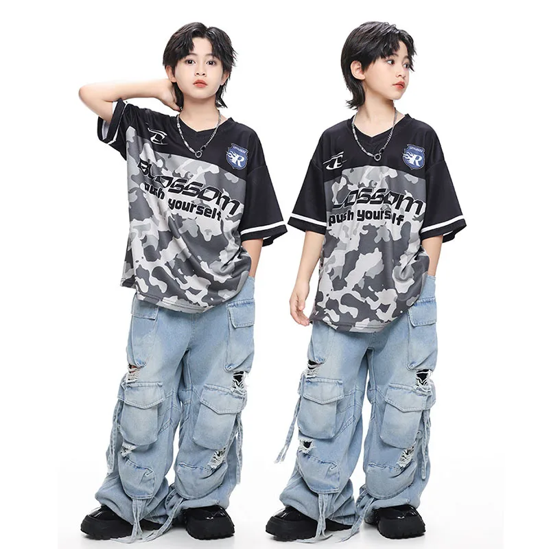 

Kid Hip Hop Clothing Black Camo V Neck T Shirt Casual Multi Pockets Ripped Demim Cargo Pants for Girl Boy Dance Costume Clothes